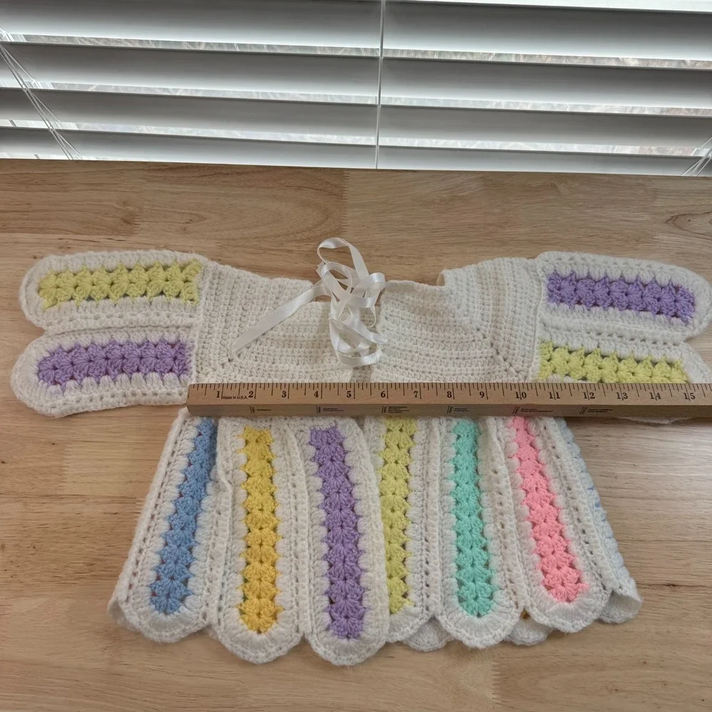 Cardigan Baby Girl Multicolor Crochet‎ Tie Waist Cozy  Sweater & Cap Bonnet VTG
